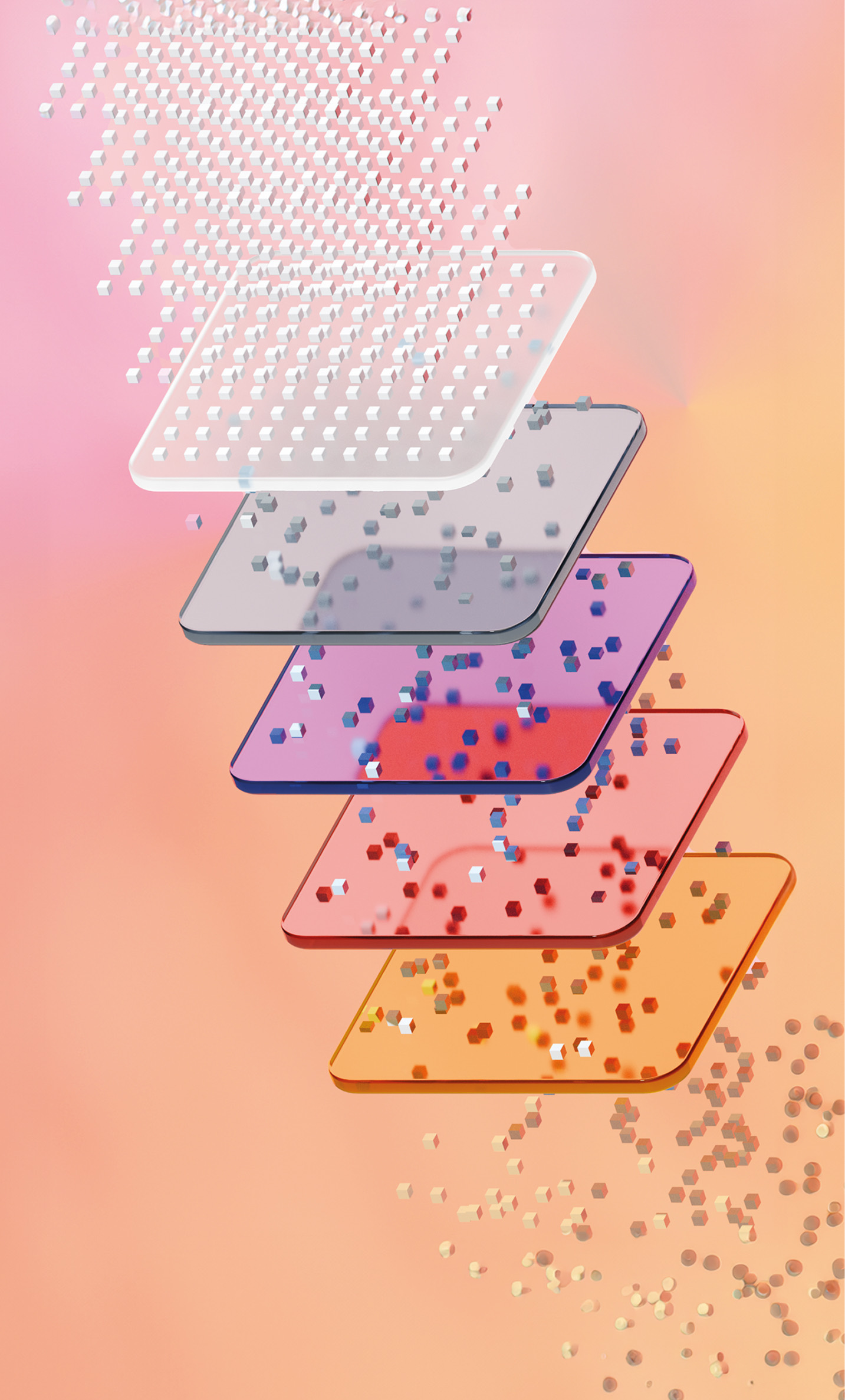 Five stacked glass panels of structured data on a warm gradient
