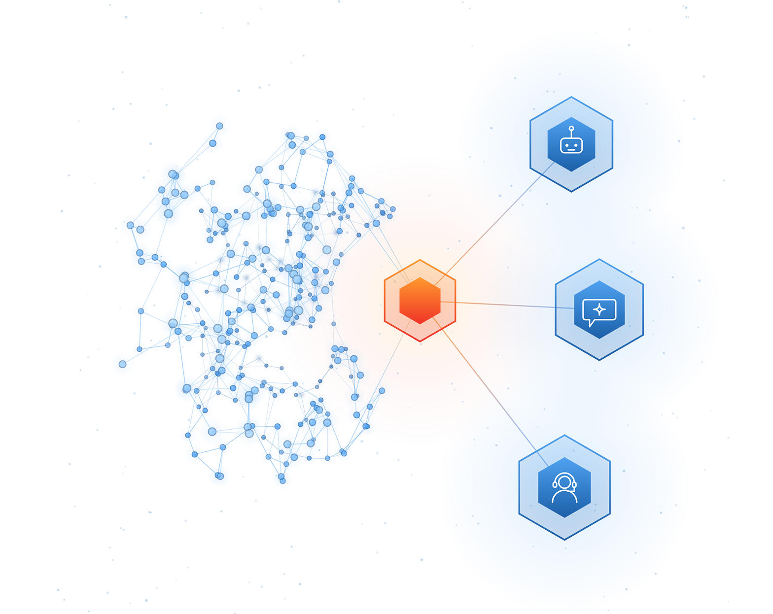 A dense cluster of connected knowledge feeding a bright Shelf core, which in turn powers a bot, an assistant and a support agent