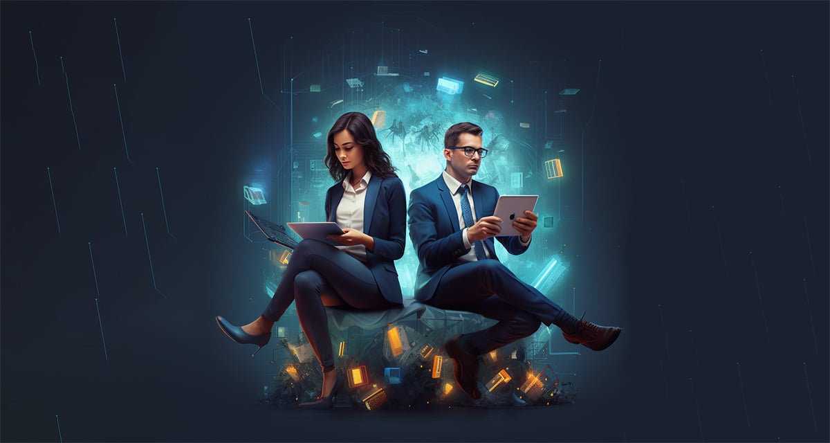 midjourney depiction of two workers utilizing AI Productivity tools
