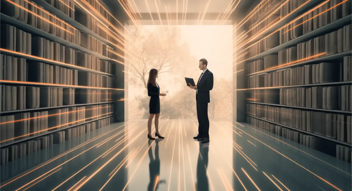 Midjourney depiction of two colleagues discussing the service benefits of AI customer support
