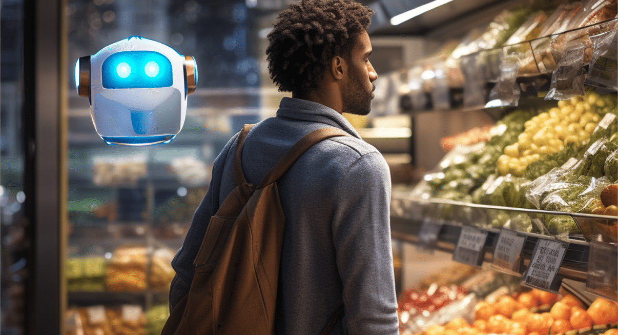 Midjourney depiction of AI Customer Service in a grocery store