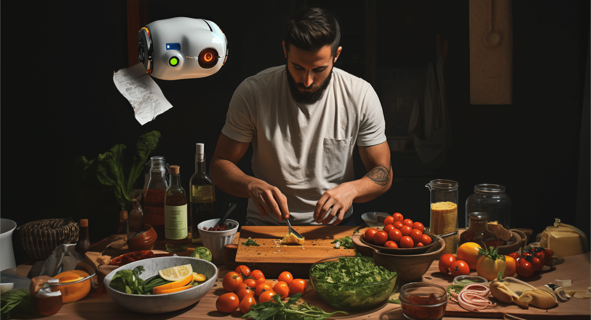 Midjourney depiction of AI Customer Service while cooking at home