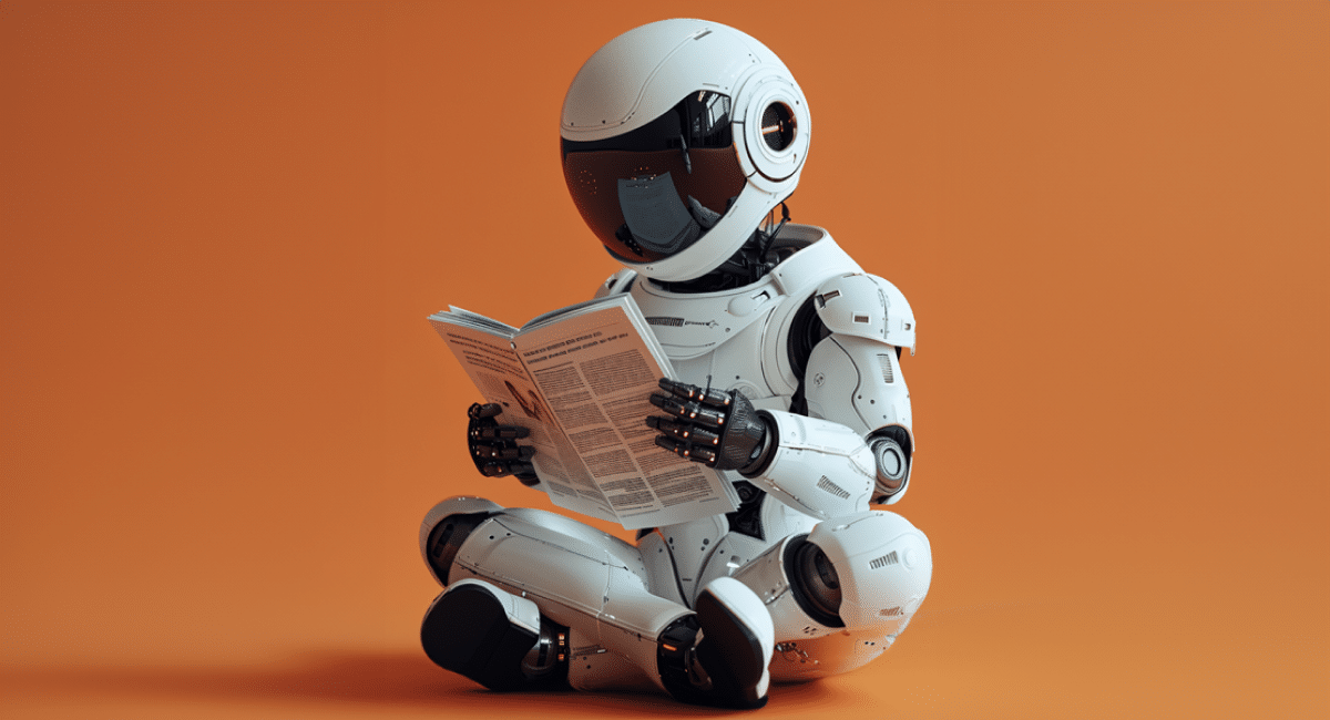Augmented Shelf AI Newsletter Edition Midjourney depiction of Robot reading a newspaper
