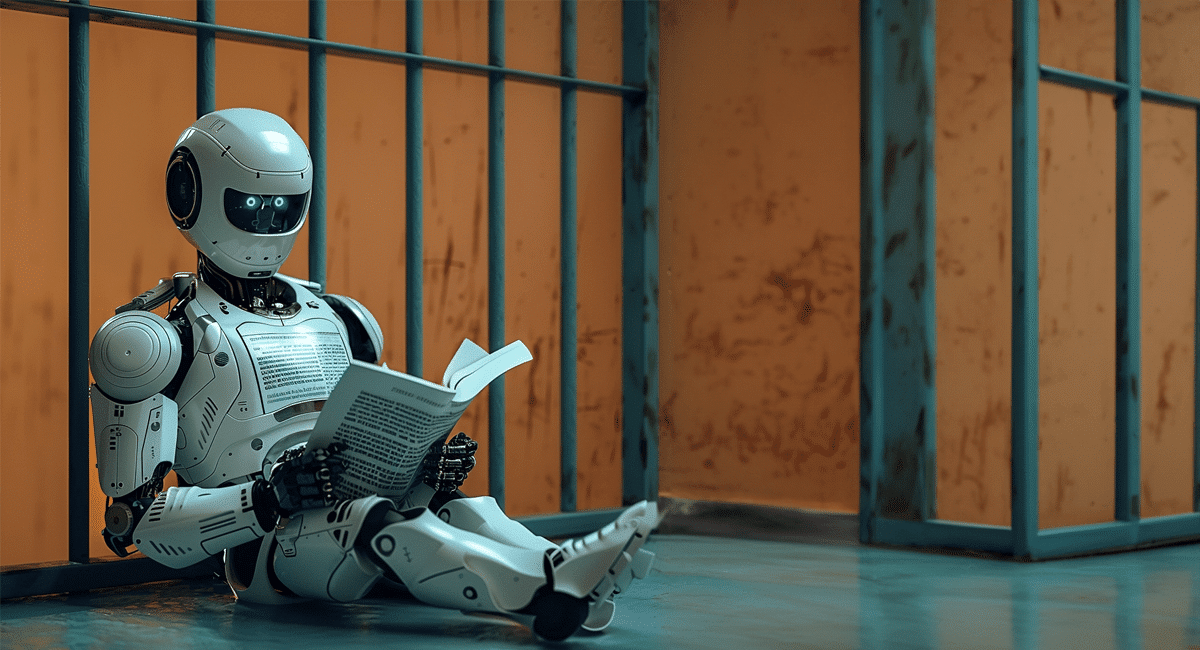 Midjourney depiction of a robot sitting in a prison cell reading a book