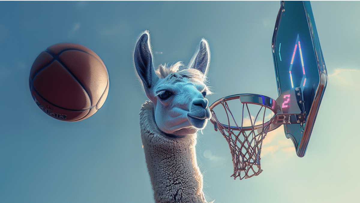 Midjourney depiction of lama playing basketball