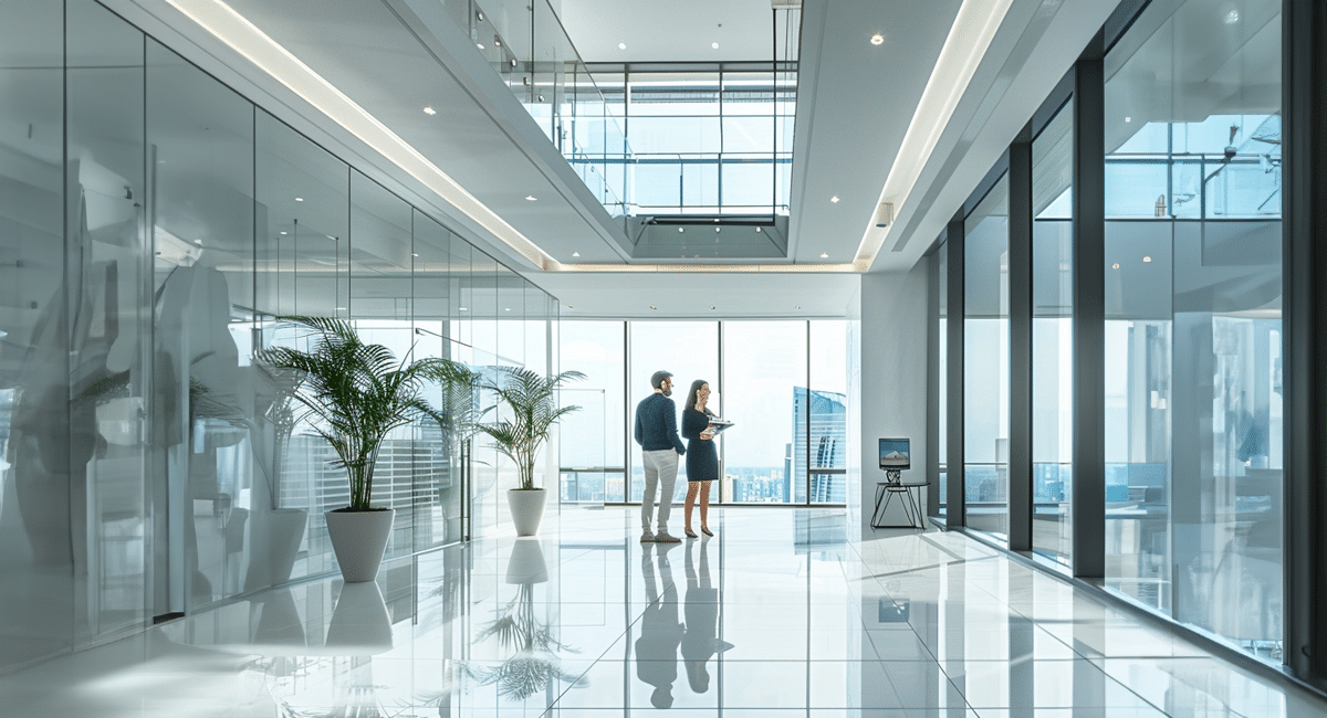 Midjourney depiction of two people in a futuristic office space